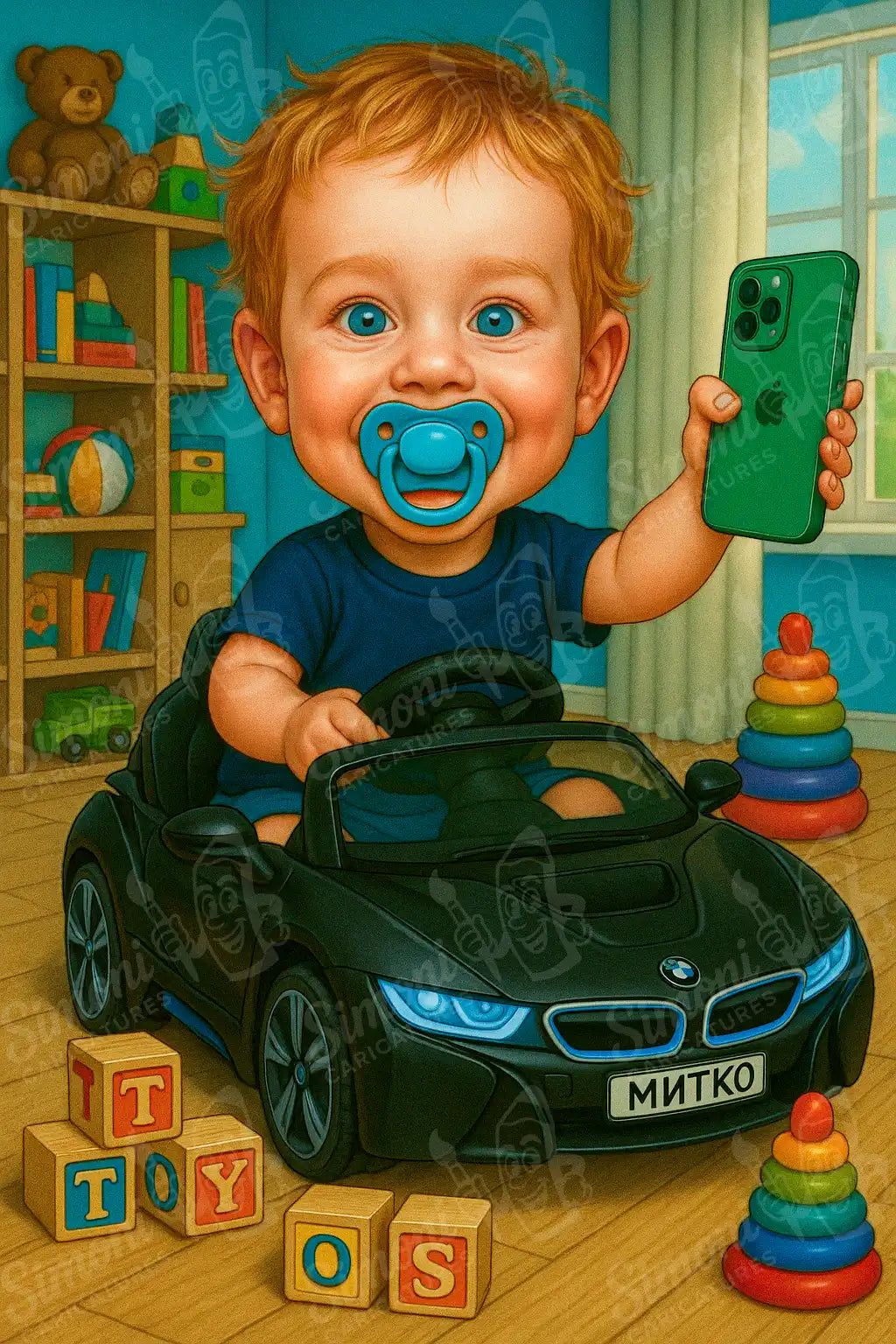 Карикатура на малко момче с биберон, държащо зелен iPhone, седнало в черна детска кола BMW с персонализиран надпис "Митко" на регистрационната табела, детска стая с играчки на заден план, Simoni Caricatures.